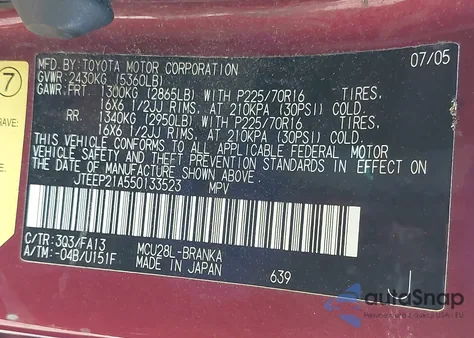 2005 Toyota Highlander V6 z USA, uszkodzony, nr VIN JTEEP21A550133523